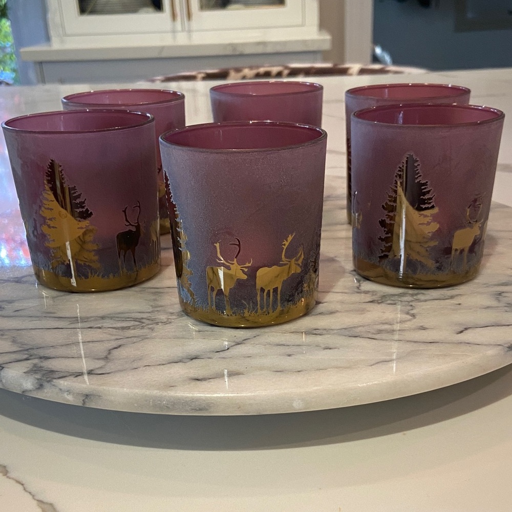 Set of 6 Purple and Gold Forest-Themed Glass Votives Set with Tealight Candles.